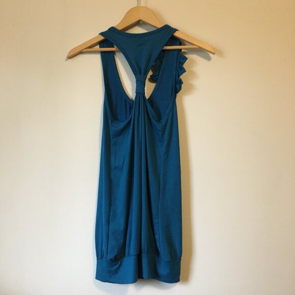 Y2K Peacock Blue Rose Ruffled Strap Bubble Hem Tank Top - Picture 2 of 12